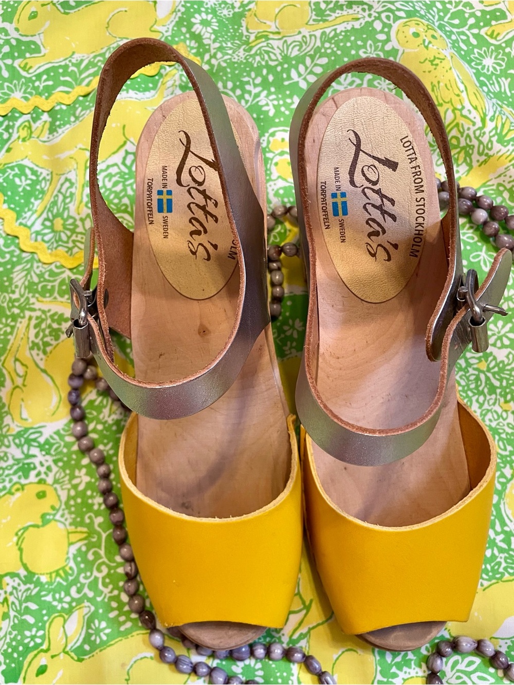 Lotta’s of Stockholm Yellow Leather Clog Sandals with Silver Strap/ 9-9.5 / Boho